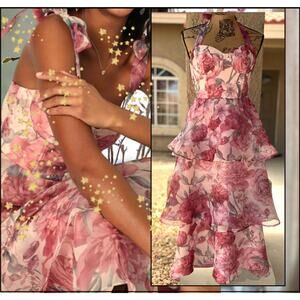 Lulus Blush Floral Organza Tie-Strap Tiered Playfully Posh Midi Dress SIze L